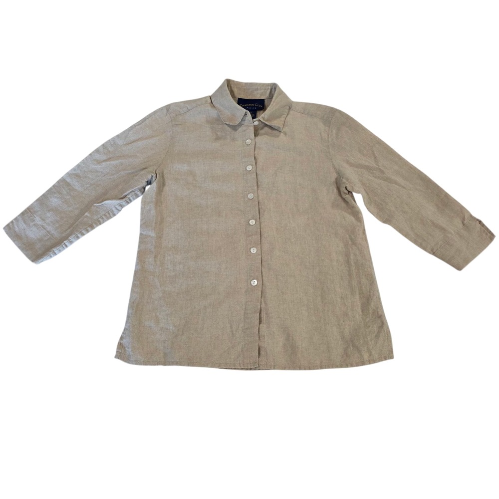 Charter Club Button Up Top Womens Tan Brown 4P Linen Woven 3/4 Sleeve Work